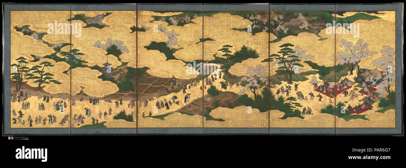 Attraction à Higashiyama à Kyoto. Artiste : École Kano. Culture : le Japon. Dimensions : Image (chaque écran) : 33 1/16 in. × 8 ft. 11 1/2 in. (84 × 273 cm). Date : ca. Années 1620. Couverts tout au long de avec vignettes fascinant de personnes de toutes les classes sociales, cette paire d'écrans représente plus de trois cents personnes bénéficiant d'un après-midi ensoleillé à l'apogée de la saison des fleurs de cerisier à Kyoto's scenic Eastern Hills, ou quartier Higashiyama. Le droit et gauche chaque écrans mettez un célèbre site sacré--Temple Kiyomizudera et Yasaka, respectivement, et chacun dispose d'un banquet en plein air de fête est allé(e) à Banque D'Images