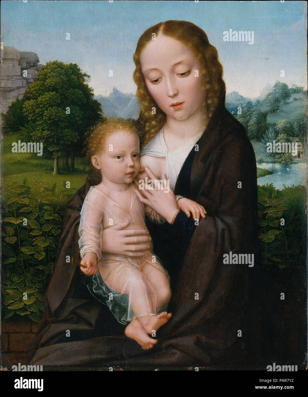 Vierge à l'enfant. Artiste : attribué à Simon Bening (Gand, Russisch ( ?) 1483/84-1561 Bruges). Dimensions : Hors tout 10 x 8 1/4 in. (25,4 x 21 cm), avec une bande de 3/8 in. (1 cm) en haut ; surface peinte 9 1/4 5/8 x 8 in. (24,4 x 21 cm). Date : ca. 1520. Bening, un célèbre miniaturiste, a pris la Vierge et l'enfant de David's  <i >reste sur la fuite en Egypte </i > (affichée à proximité) et les a mis dans un contexte différent. Joseph est absent, et il n'y a pas de référence à l'itinéraire de la Sainte Famille. Ainsi, en accord avec une tendance contemporaine à la sécularisation de la religio Banque D'Images