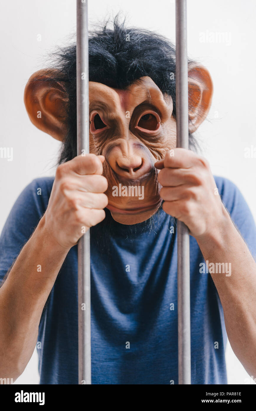L'homme avec masque singe derrière les barreaux Banque D'Images