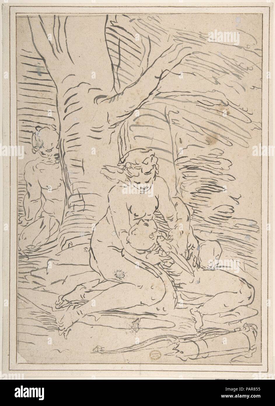 Vénus, satyre et Cupidon. Artiste : Après Luca Cambiaso (Italien, Moneglia 1527-1585 Madrid). Dimensions : 13 5/8 x 9 1/2 in. (34.6 x 24.1cm). Date : 1527-85. Musée : Metropolitan Museum of Art, New York, USA. Banque D'Images