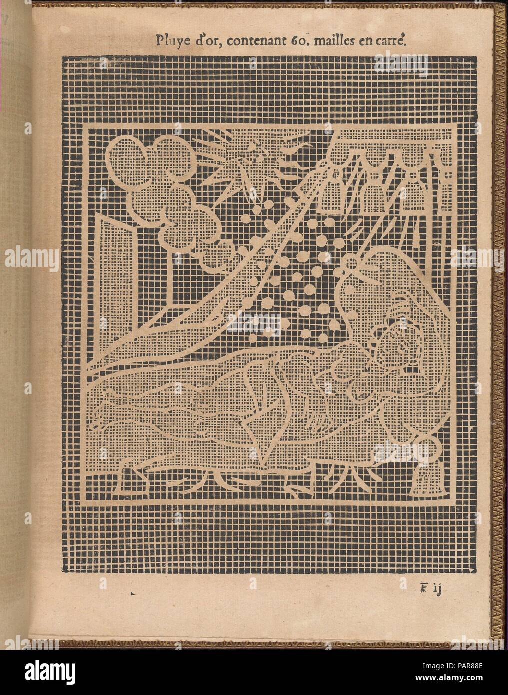 La pratique de l'aiguille, page 21 (recto). Auteur : Matthias Mignerak. Dédicataire : dédiée à Marie de Médicis (Florence 1575-1642 Colgne). Dimensions : hors tout : 9 1/4 x 7 1/16 in. (23,5 x 18 cm). Graveur : Titre par Pierre Firens (Français, né en 1641 à Paris). Editeur : Publié par Jean Le Clerc , Paris. Date : 1605. Écrit par Matthias, Mignerak page de titre gravé par Pierre Firens, Français, né en 1641 à Paris, dédiée à Marie de Médicis, Florence 1575-1642 Cologne, publié par Jean Le Clerc, Paris. De haut en bas, et de gauche à droite : le design est imprimé sur une grille et est décorée d'une SCE Banque D'Images