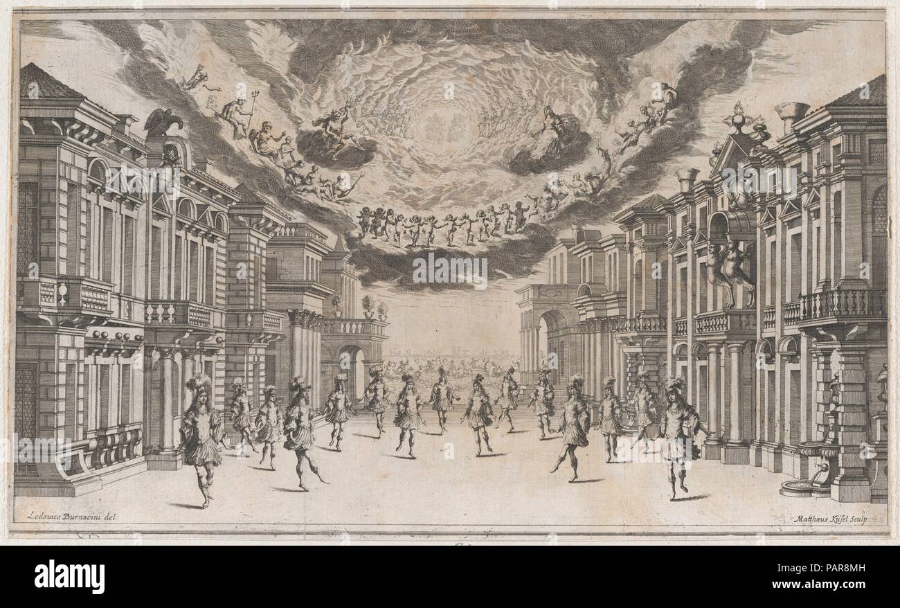 Un groupe de jeunes hommes danser comme les dieux d'oeil d'en haut ; scénographie de 'Il Pomo D'Oro'. Artiste : Mathäus Küsel (allemand, 1621-1682) ; après Ludovico Burnacini Ottaviano (Italien, Mantoue 1636-1707 Vienne (Autriche) active). Fiche Technique Dimensions : (découpés) : 10 × 7/16 17 3/16 po. (26,5 × 43,7 cm). Date : 1668. La vingt-troisième de la vingt-trois décors de scène conçu par Lodovico Burnacini pour 'IL POMO D'Oro, Festa Teatrale Rappresentata à Vienne par l'Augustissime Nozze Delle Sacré Cesaree E Reali Maestà Di Leopoldo e Margherita', un opéra célèbre le mariage de l'Empereur Léopold I et Marguerite Banque D'Images