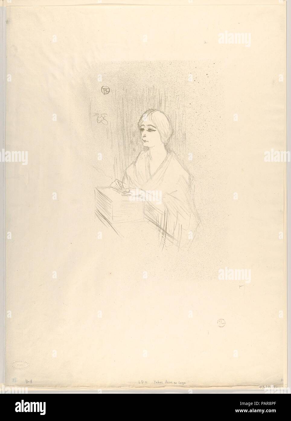 Léonie Yahne dans sa loge, à l'âge difficile. Artiste : Henri de Toulouse-Lautrec (Français, Albi 1864-1901 Saint-André-du-Bois). Dimensions : Image : 12 5/8 x 9 1/16 in. (32 x 23 cm) : Feuille 21 x 15 9/16 13/16 in. (54,7 x 40,1 cm). Editeur : Edouard Kleinmann (français, actif 19e siècle). Date : 1895. Musée : Metropolitan Museum of Art, New York, USA. Banque D'Images