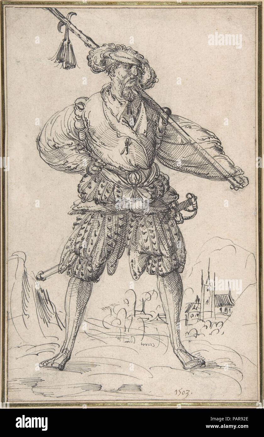Soldat debout. Artiste : Cercle de Jost Amman (Suisse, Zurich avant 1539-1591 Nuremberg). Dimensions : 11 x 5/16 7 3/16 in. (28,7 x 18,3 cm). Date : 1550-91. Musée : Metropolitan Museum of Art, New York, USA. Banque D'Images