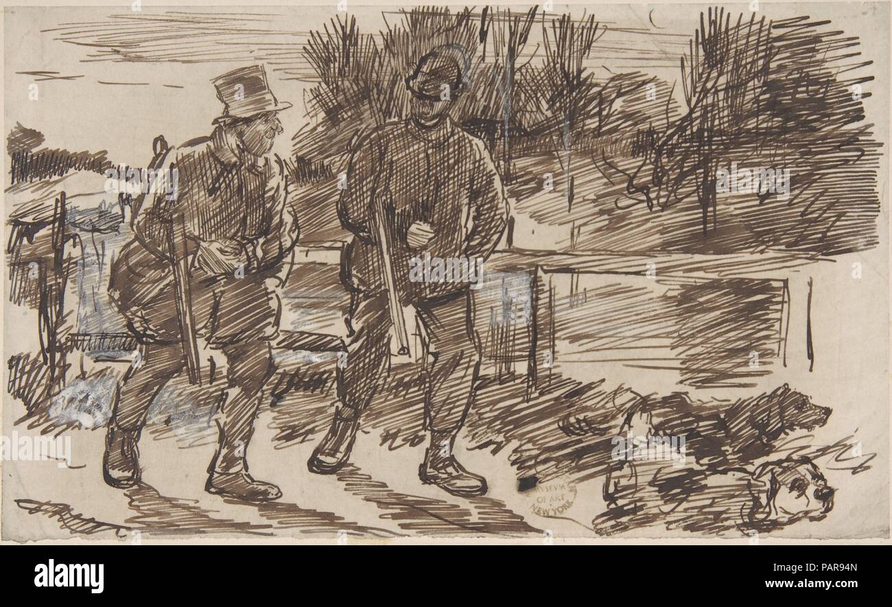 Prévision (pour Punch, or the London Charivari, 23 octobre 1876). Artiste : Charles Samuel Keene (British, Hornsey, Middlesex London 1823-1891). Fiche Technique : Dimensions : 4 1/2 x 7 1/2 in. (11,4 × 19,1 cm). Date : 1876. Keene a été un chef de file qui a travaillé pour l'Illustrateur britannique Punch entre 1864 et 1890. Dans ce croquis préliminaire pour une caricature publiée dans Punch le 23 octobre 1876, deux hommes retour de snipe-chasse, éclairé par un soleil couchant. Dans l'image publiée, les chiffres sont de rapprocher dans un format vertical, accompagné d'un seul chien, et crapahuter à travers la pluie. La légende Banque D'Images