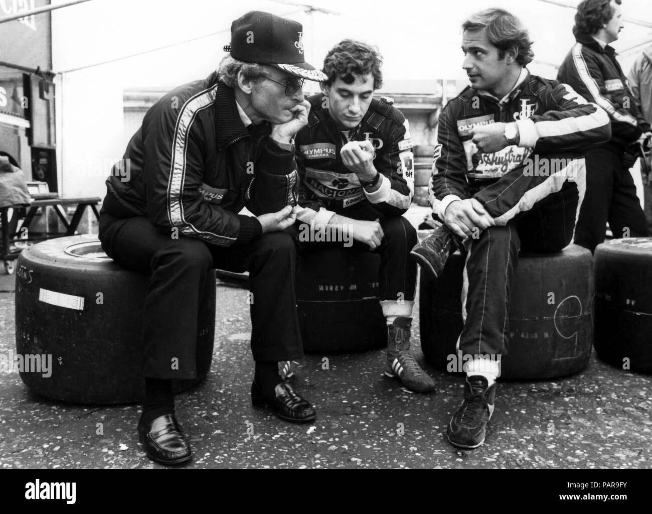 F1 1985, Gerard Ducarouge, Ayrton Senna,Elio De Angelis, Lotus Renault GP, Belgique, Spa 1985 Banque D'Images
