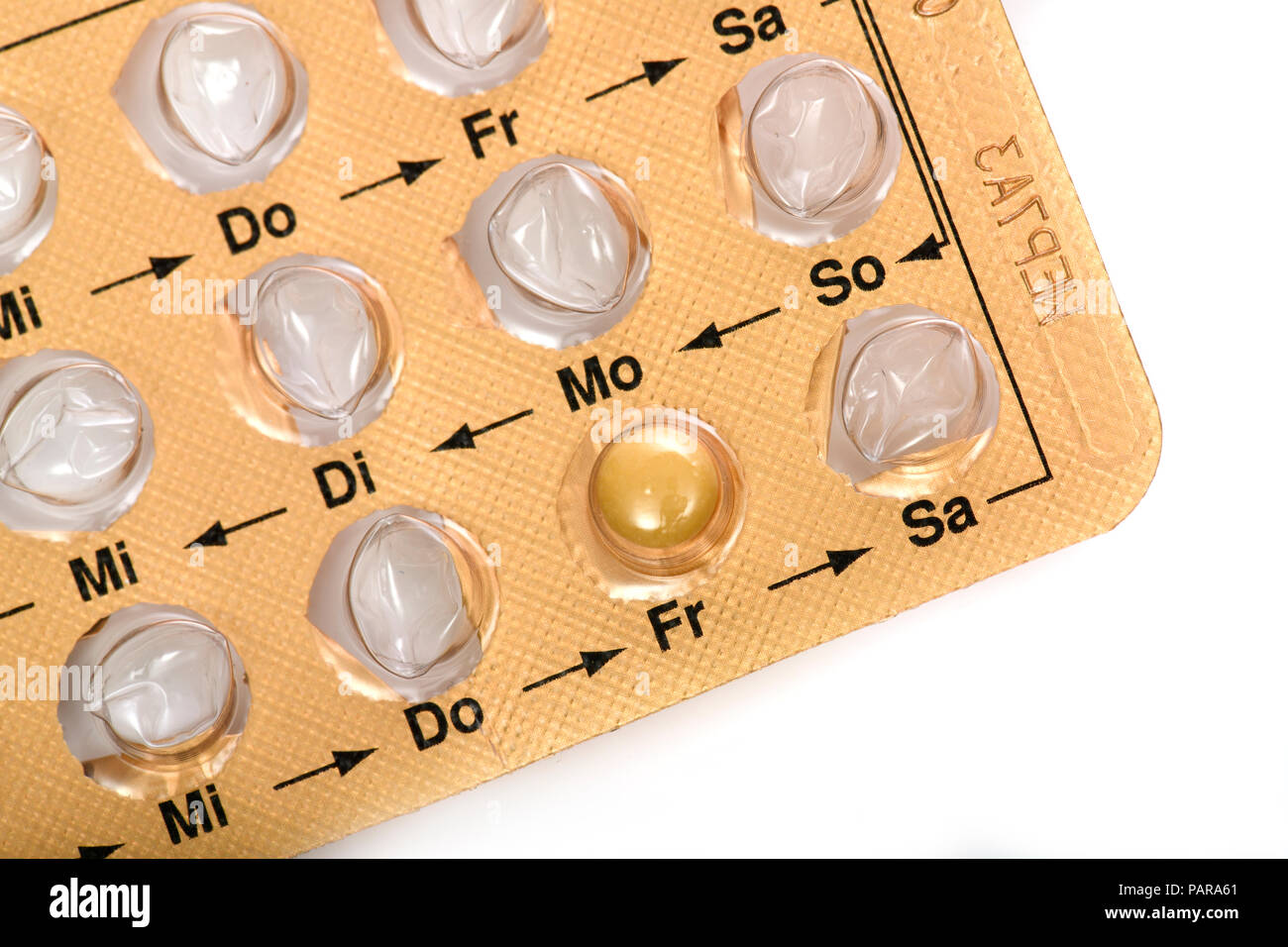 Image symbolique la contraception, pilule contraceptive, en blister pack mensuel, détail, cut out Banque D'Images