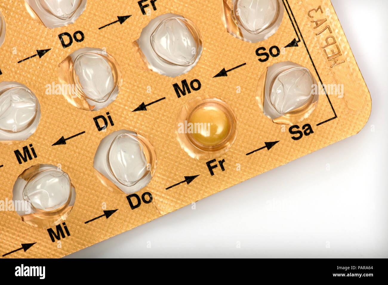 Image symbolique la contraception, pilule contraceptive, en blister pack mensuel, détail, cut out Banque D'Images