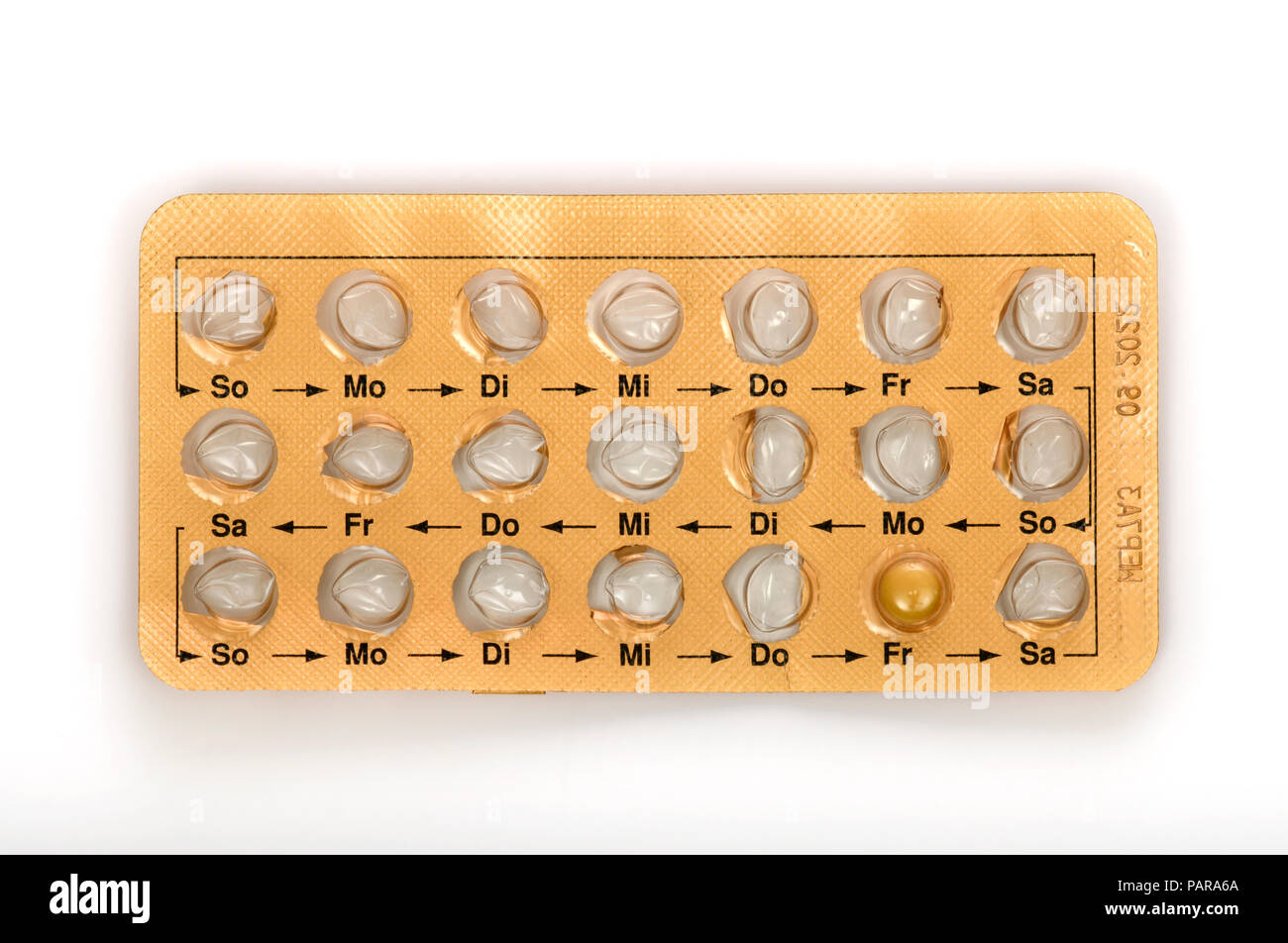 Image symbolique la contraception, pilule contraceptive, en blister pack mensuel, cut out Banque D'Images