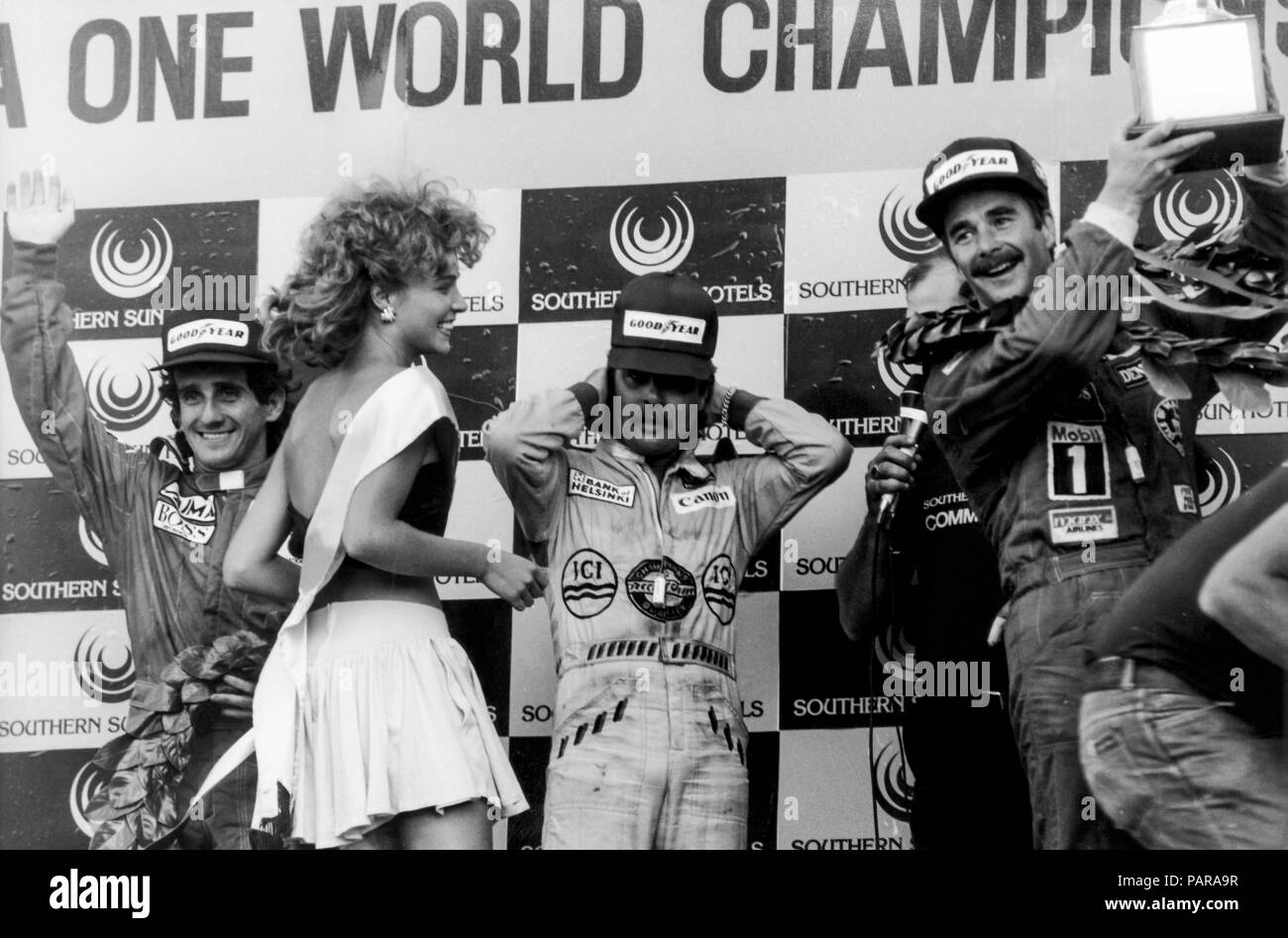 1er Podium, Nigel Mansell Williams (Honda), 2e Keke Rosberg (Williams Honda), 3e Alain Prost (Mc Laren Tag) , F1, GP, GP d'Afrique du Sud, Kyalami, 1985 Banque D'Images