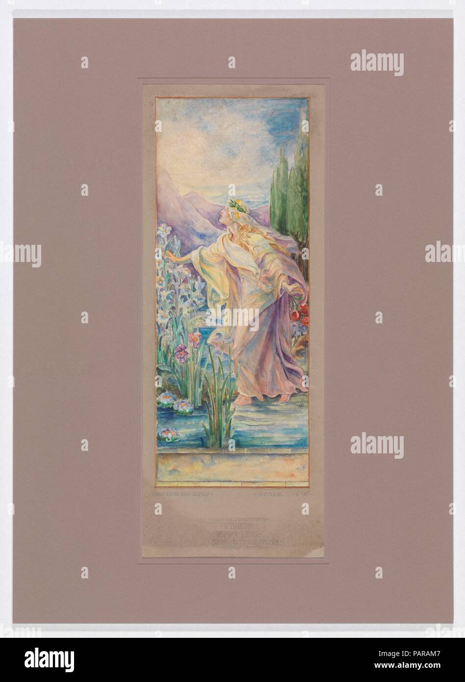 Conception pour fenêtre. Artiste : Louis Comfort Tiffany (1848-1933, New York New York). Culture : L'Américain. Dimensions : hors tout : 21 9/16 x 10 1/2 in. (54,8 x 26,7 cm) Design : 14 1/4 x 5 9/16 in. (36,2 x 14,1 cm). Bouilloire : Tiffany Studios (1902-32). Date : fin du xixe ou début du xxe siècle. Windows Memorial constituait un grand nombre des commissions reçues par le ministère ecclésiastique Tiffany Studios. Plusieurs de ces fenêtres représentent des scènes bibliques, pourtant souvent préféré Tiffany conceptions sans références religieuses ouvertement. Pour détourner les critiques que son Windows n'avait pas le sentiment religieux, Tiffan Banque D'Images