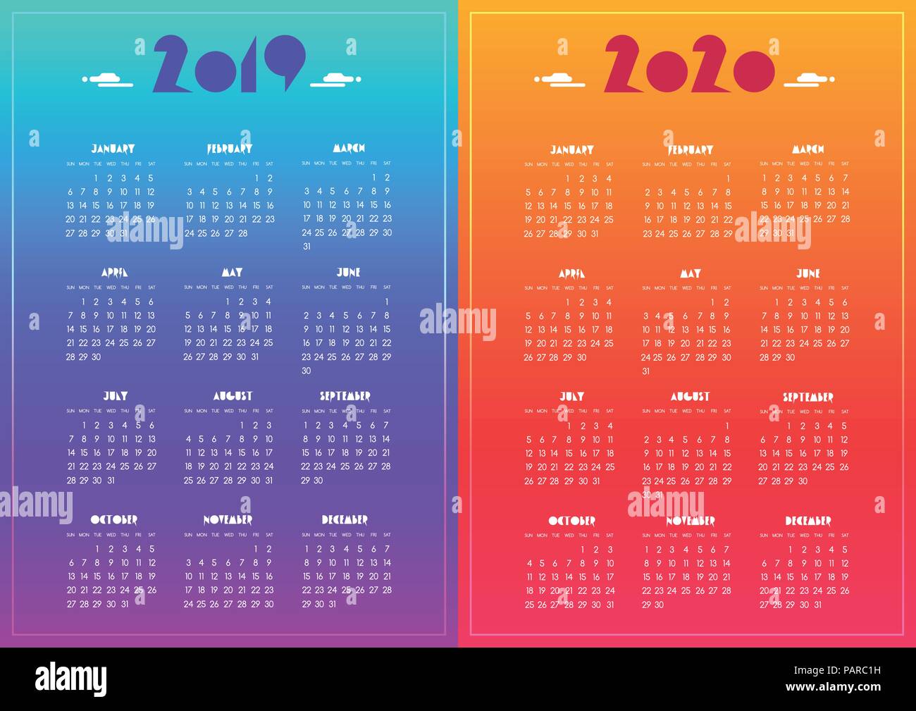 Nouvelle année 2019 et 2020 calendrier vector modern bleu vif, violet, rouge, orange gradient avec fun san serif,Holiday event planner,semaine commence S Illustration de Vecteur