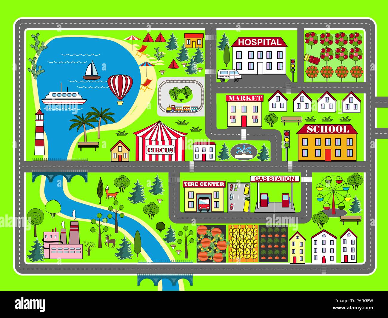 Joli paysage de ville, location de piste. Tapis de jeu pour les enfants d'activités et de divertissements. Ville ensoleillée avec des paysages, rues, bâtiments d'usine, et des plantes. Illustration de Vecteur