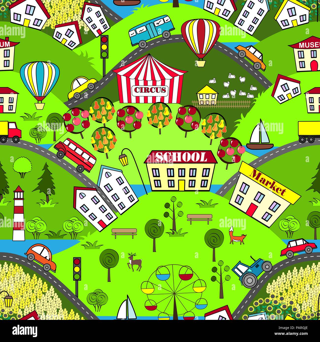 Avec motif transparent mignon maisons, mer, des routes, des forêts, des turbines, des jardins, des voitures, et l'attraction. Tapis Design pour livres, jeux et autres enfants devel Illustration de Vecteur