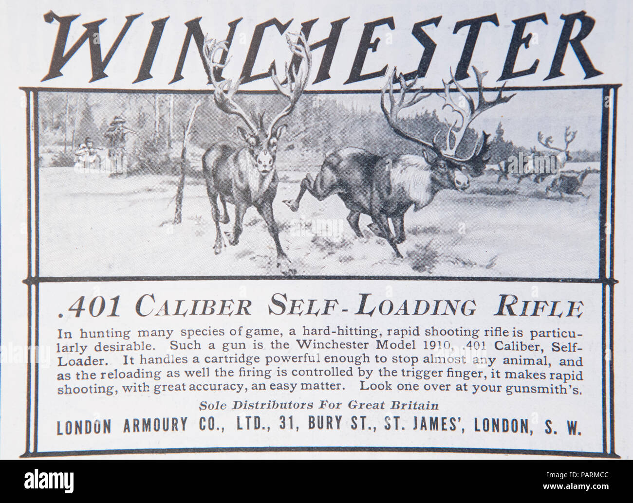 Calibre .401 Winchester fusil à chargement automatique annonce. À partir d'un vieux magazine au cours de la période 1914-1918. UK GO Banque D'Images