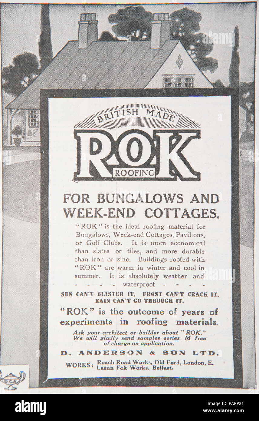 Publicité pour les matériaux de toiture ROK. À partir d'un vieux magazine au cours de la période 1914-1918. UK GO Banque D'Images