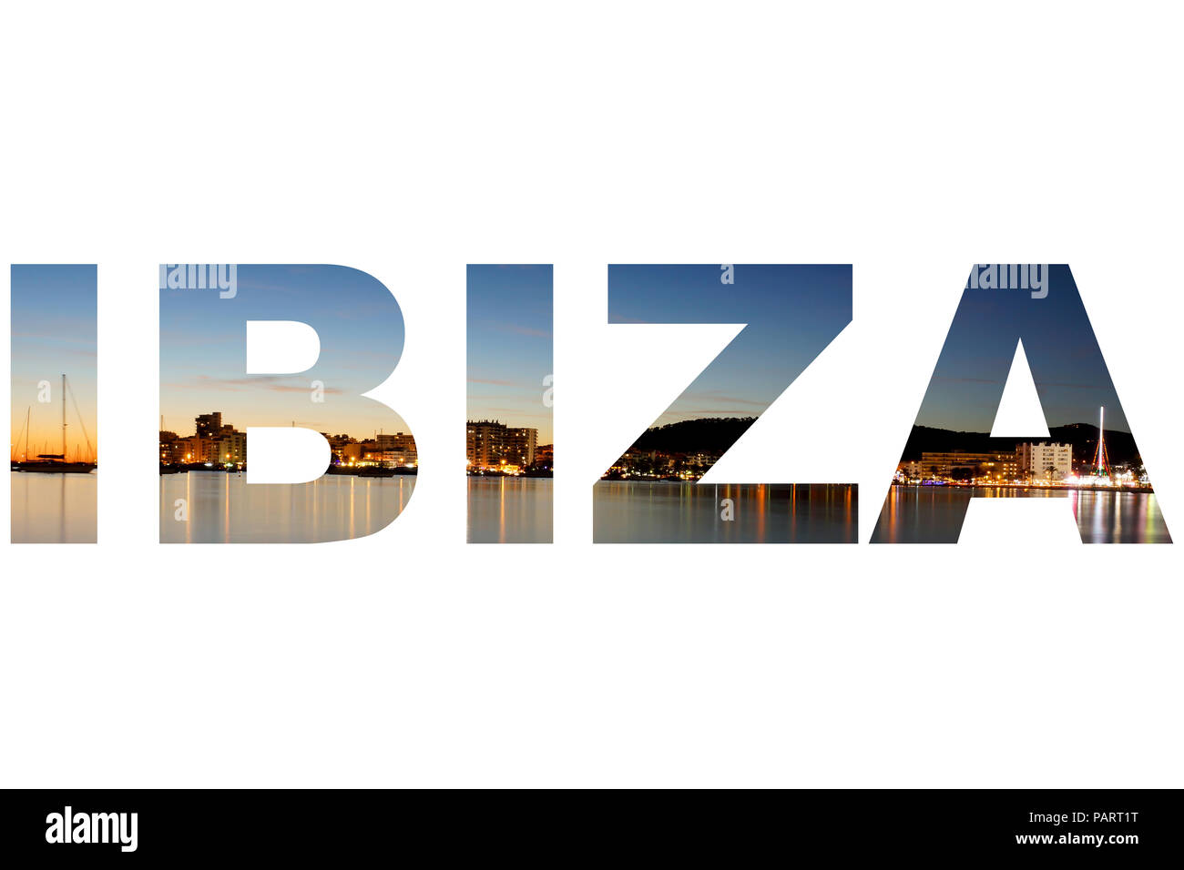 San Antonio Bay, également connu sous le nom de Sant Antoni de Portmany à Ibiza, Espagne au crépuscule dans la parole IBIZA Banque D'Images