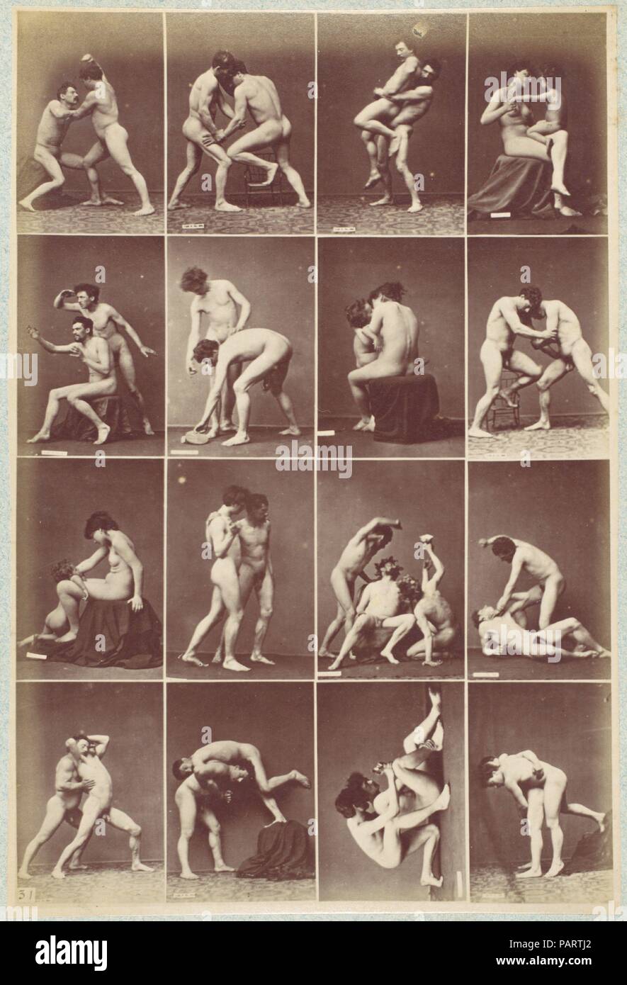 Album d'Études-Poses. Artiste : Louis Igout (Français, 1837-1881). Éditeur : A. Calavas (Français). Date : ca. 1880. Cet album est un excellent exemple du type de la photographie produite au xixe siècle comme une aide aux artistes dans l'étude du profil et de la modélisation, et la proportion, et qu'un vocabulaire d'expression, le geste, et posent sanctionné par l'art de l'antiquité et des vieux maîtres. Groupements régionaux représentant Caïn et Abel, le Silène ivre, Hercule et Antée, les mourants Gaul, Aphrodite, la Vénus Cnidienne et d'autres sont reconnaissables entre les photographies. Seul imprime montrant seize petites images Banque D'Images