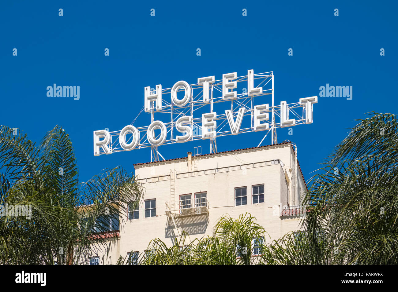 Le Hollywood Roosevelt Hotel, Hotel Roosevelt signe sur Hollywood Boulevard, Los Angeles, Californie, USA, la Banque D'Images