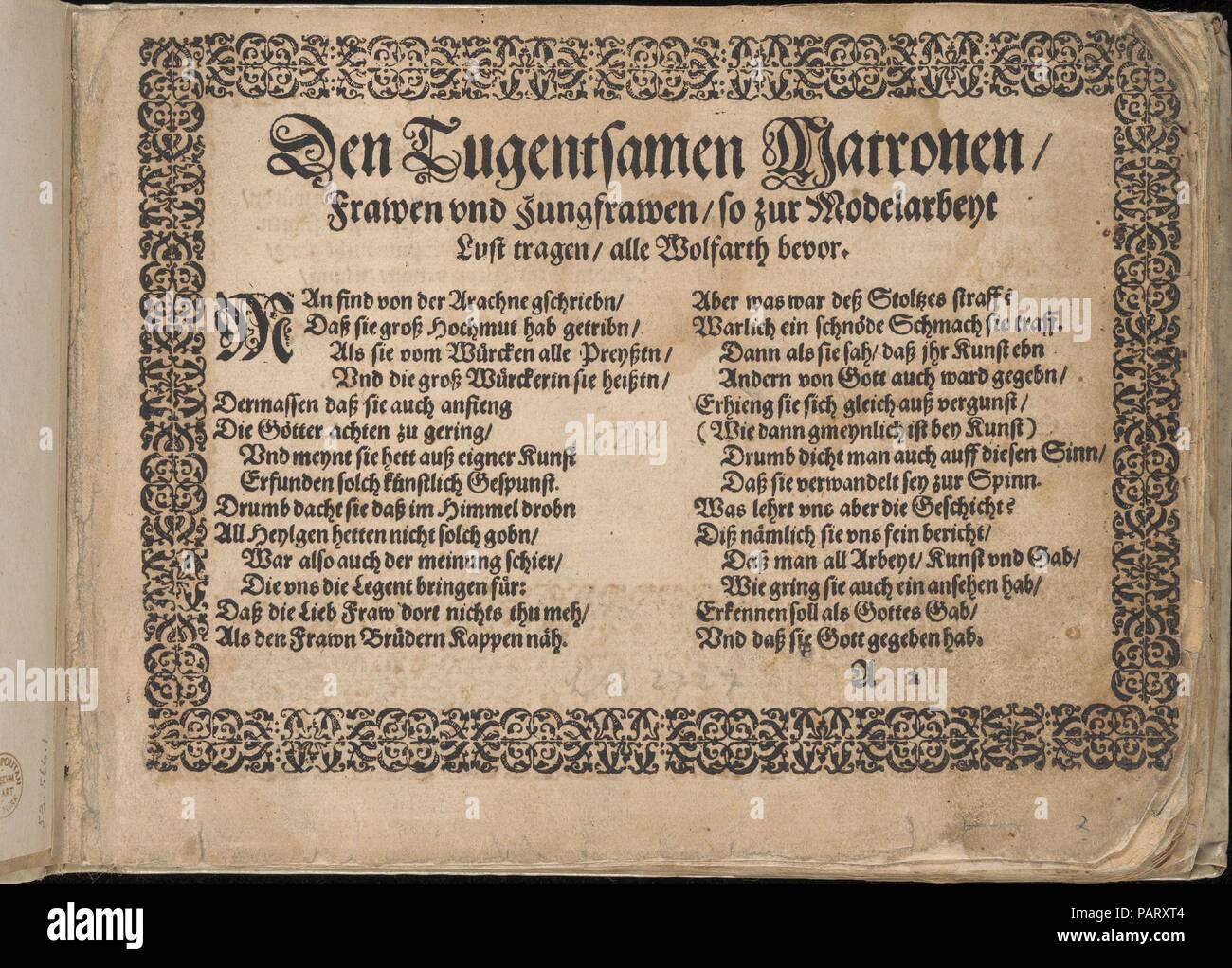 Page de dédicace Neu künstlich Modelbuch (page 2r). Dimensions : hors tout : 6 1/8 x 7 7/8 in. (15,5 x 20 cm). Editeur : Bernhard Jobin (Swiss, Porrentruy (Jura) avant 1545-1593/1597 Strasbourg) , Stassburg. Date : 1598 ( ?). Publié par Bernhard Jobin, Strasbourg. Télécopieur illustré page de titre de l'édition 1579, un poème (2 pages), et 44 pages de dessins et modèles. Musée : Metropolitan Museum of Art, New York, USA. Banque D'Images