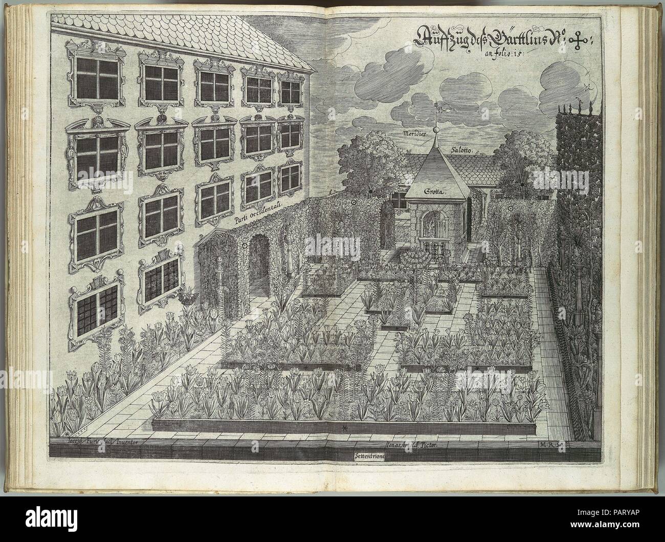 Architectura Privata : Das est Gründtliche Beschreibung...en forme...ein Burgerliches Wohn-Haus... Designer : Joseph Furttenbach l'ancien (allemand, 1591-1667) ; Johann Jacob Campanus (allemand, actif Ulm, 1620-40). Dimensions : 12 × 8 × 3/8 1/8 1 1/4 in. (31,5 × 20,7 × 3,1 cm). Graveur : Matthäus Rembold (allemand, 1629-1657). Publié dans : Augsbourg. Editeur : Publié Augsburg Johann Schultes le jeune (allemand, 1623-1667). Date : 1641. Furttenbach intime de cour-jardin avec une petite grotte, richement décorée de fleurs rares disposées en plusieurs compartiments, illustre le recueil "intime Banque D'Images