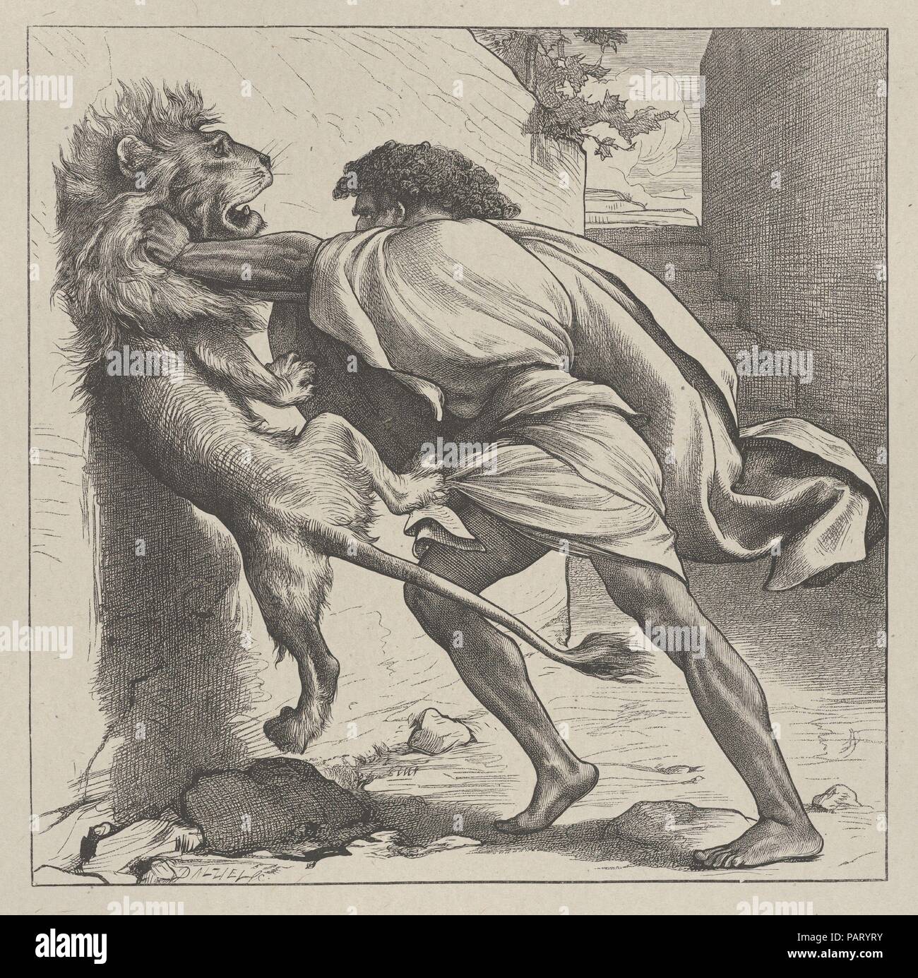 Samson et Le Lion (Dalziels' Bible Galerie). Artiste : Après Frédéric, Seigneur Leighton (British, Scarborough 1830-1896 Londres). Dimensions : Image : 7 1/4 × 7 1/4 in. (18,4 × 18,4 cm) Inde : Feuille 9 × 7/16 9 1/4 in. (23,9 × 23,5 cm) Mont : 16 7/16 po. × 12 15/16 in. (41,8 × 32,8 cm). Graveur : Dalziel Brothers (britannique, 1839-1893) active. Imprimante : Camden Press (britannique, Londres). Editeur : Scribner et Welford (New York, NY). Date : 1865-81. Musée : Metropolitan Museum of Art, New York, USA. Banque D'Images