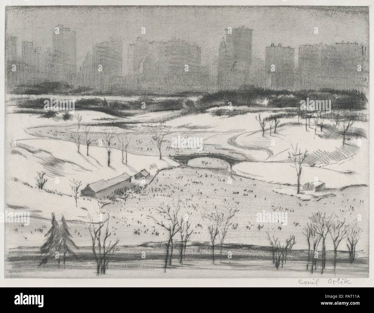Central Park, le lac en hiver. Artiste : Emil Orlik (Prague, Berlin 1870-1932 austro-hongrois). Fiche technique : Dimensions : 12 5/8 x 16 3/4 in. (32,1 x 42,5 cm) Plaque : 8 7/8 x 12 in. (22,5 x 30,5 cm). Date : ca. 1923-24. Musée : Metropolitan Museum of Art, New York, USA. Banque D'Images