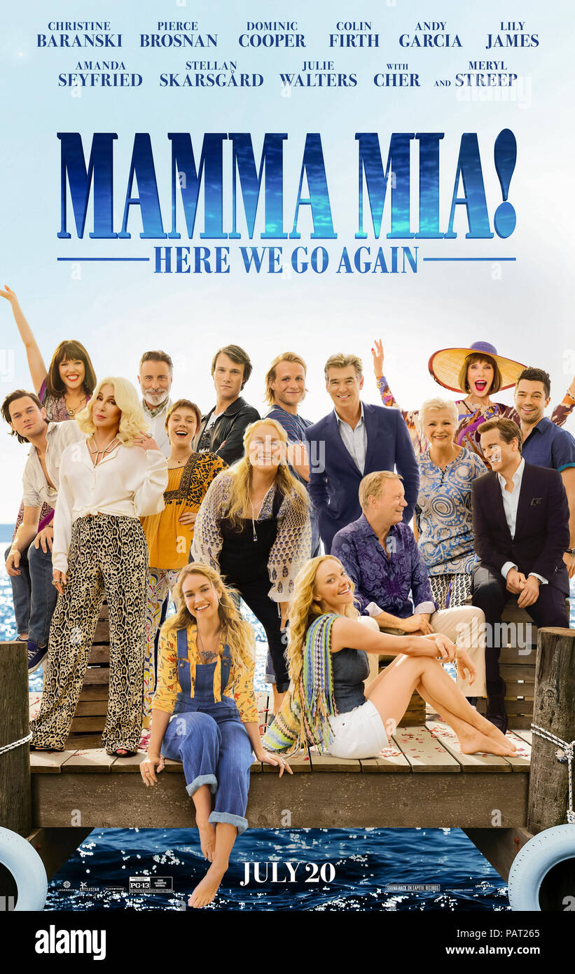 Mamma Mia ! Here We Go Again (2018) réalisé par Ol Parker avec Lily et James, Amanda Seyfried, Dominic Cooper, Meryl Streep, Cher, Julie Walters et Pierce Brosnan. Une préquelle et suite à l'origine de la comédie musicale jukebox retourne avec la musique de ABBA. Banque D'Images
