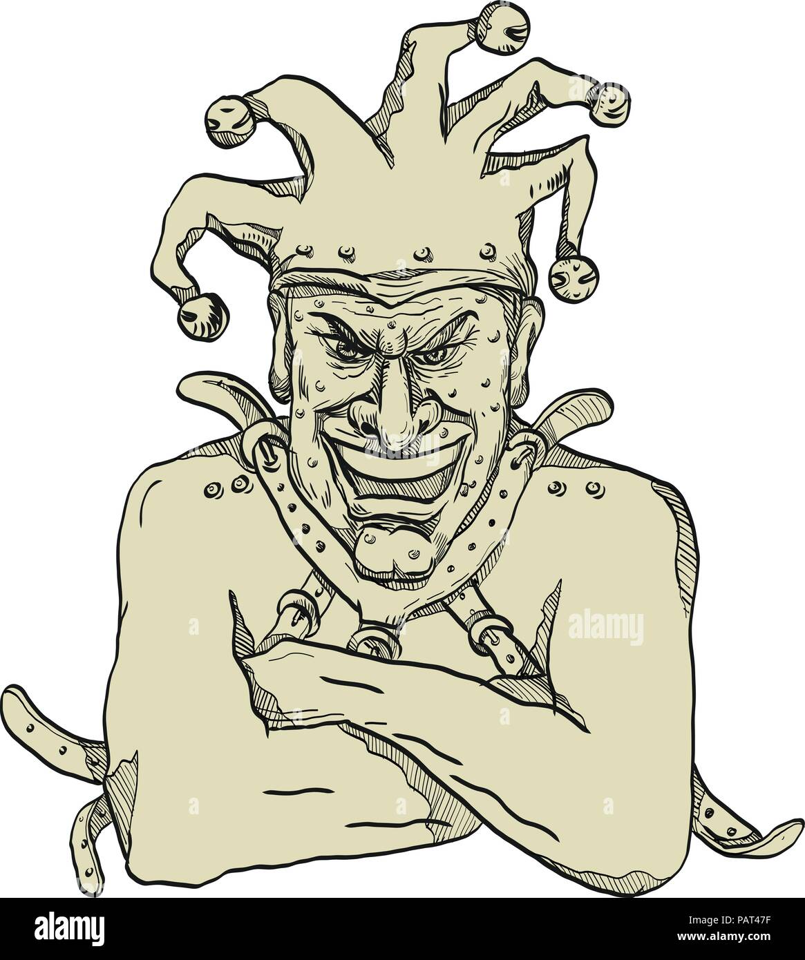 Style croquis dessin illustration d'un fou, fou ou aliéné, arlequin joker professionnel, imbécile ou fou de porter un carcan ou d'un détroit j Illustration de Vecteur