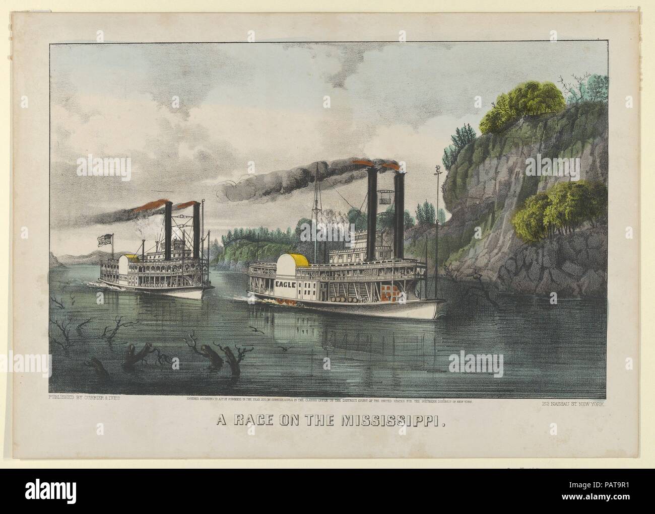 Une course sur le Mississippi. Dimensions : Image : 8 in. × 12 1/2 in. (20,3 × 31,7 cm) : fiche 9 15/16 in. × 14 po. (25,3 × 35,6 cm). Lithographe : lithographiés et publié par Currier & Ives (États-Unis, actif à New York, 1857-1907). Date : 1870. Deux bateaux à vapeur, Eagle et Diana, la race de gauche à droite sur la rivière Mississippi. Musée : Metropolitan Museum of Art, New York, USA. Banque D'Images