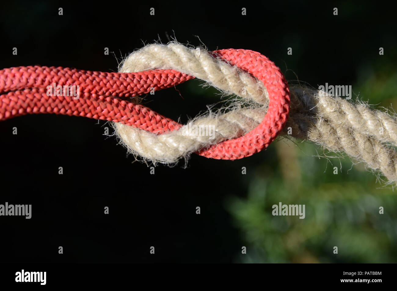 Nœud plat sur une corde de chanvre et de cordage en nylon rouge. Banque D'Images