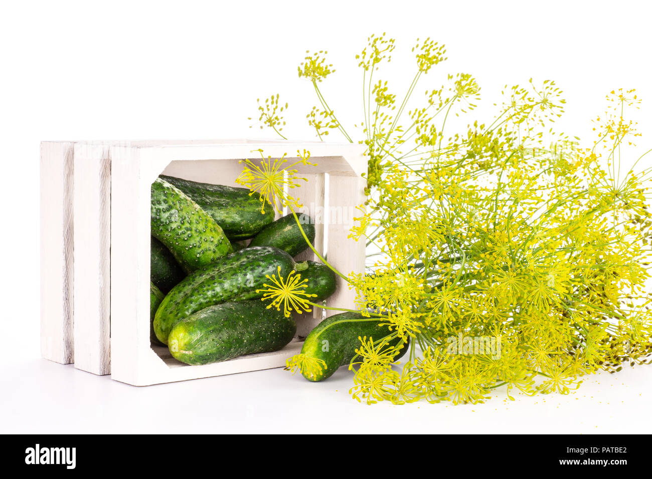 De nombreuses fleurs jaune frais entier de l'aneth et des caisses en bois plein de concombres isolated on white Banque D'Images