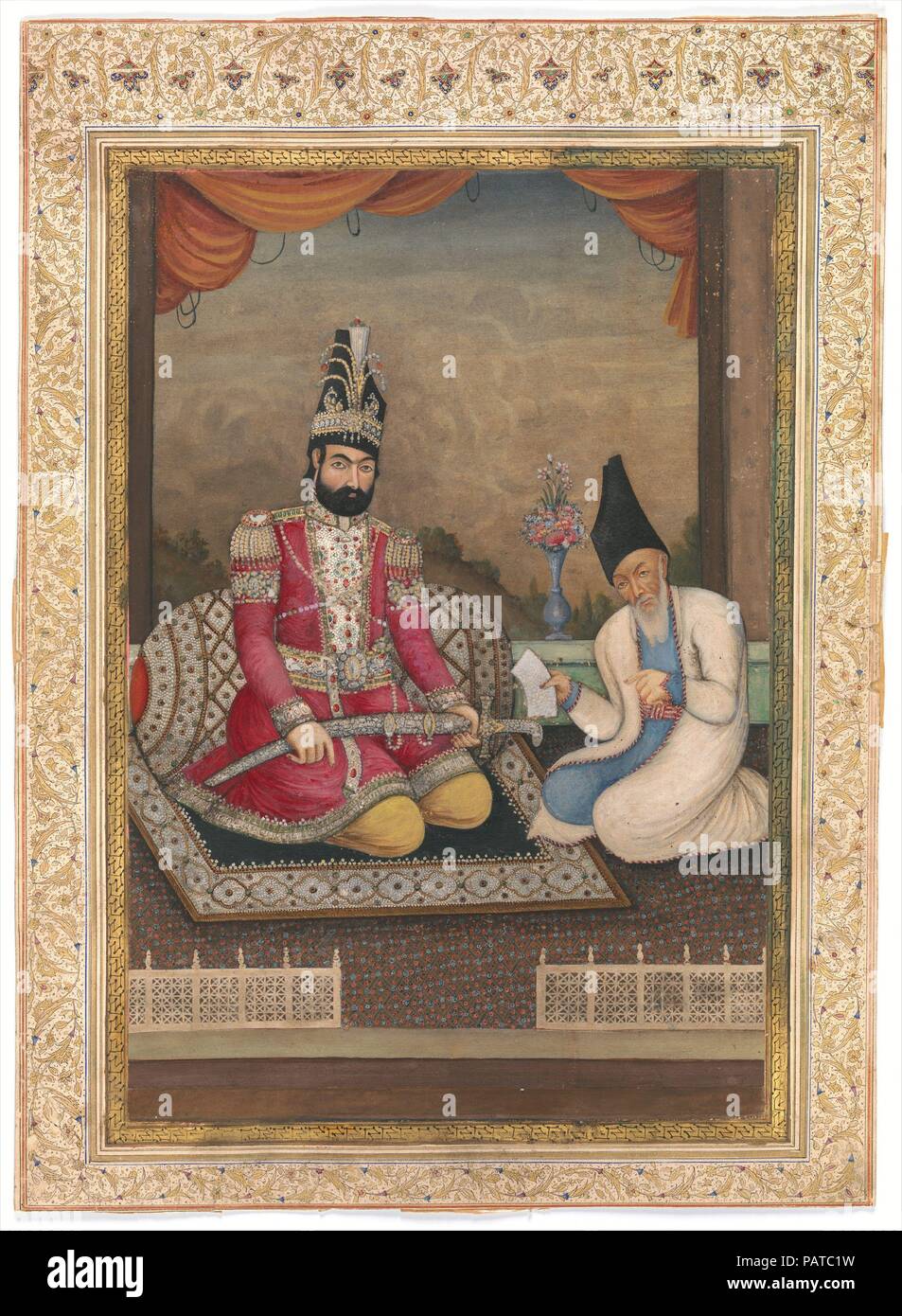 Portrait de Muhammad Shah Qajar et son Vizir Haj Mirza Aghasi. Dimensions : H. 15 cm (38,1 in) W. 10 7/8 po (27,6 cm). Date : le deuxième quart du 19ème siècle. Ce portrait présente impériale Muhammad Shah, le troisième souverain de la dynastie Qajar (r. 1834-48), assis sur une véranda dans un traditionnel posent tenant une épée à clous joyau comme son fidèle vizir lui lit une lettre. Il porte une tunique rouge, de style européen uniforme militaire avec épaulettes pearl et bejeweled bazubands (brassards) et un chapeau à Astrakhan Qajar aigrette de plumes. Aquarelle portraits de Muhammad Shah sont rares ; cette peinture allie tr Banque D'Images