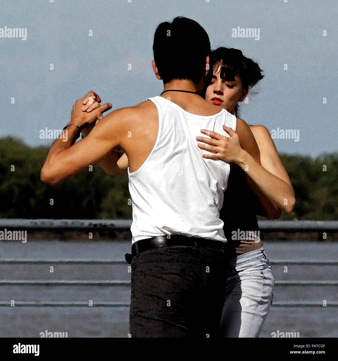 Watercolored photographie de deux jeunes personnes dansant le tango. en attente Banque D'Images