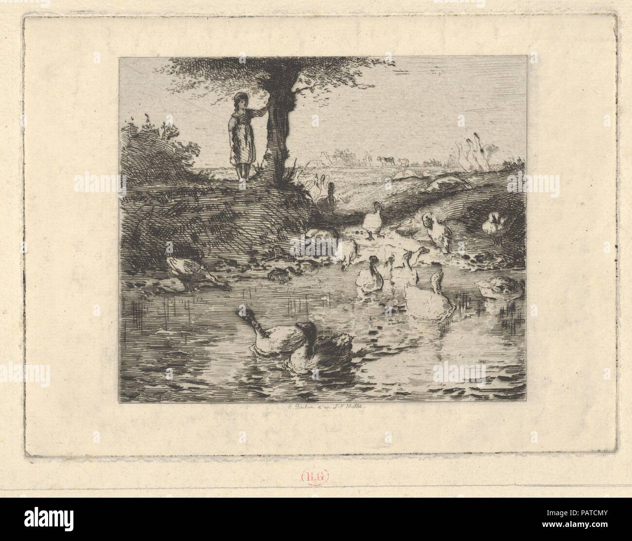 Le gardien de l'OIES, après le mil. Artiste : Après Jean-François Millet (Gruchy, français 1814-1875) Barbizon. Fiche Technique : Dimensions : 8 × 7/16 11 3/4 in. (21,4 × 29,8 cm) Plaque : 5 × 1/2 7 3/8 in. (14 × 18,8 cm). Graveur : Émile Boilvin (Français, Metz 1845-1899 Paris). Date : 1888-99. Musée : Metropolitan Museum of Art, New York, USA. Banque D'Images