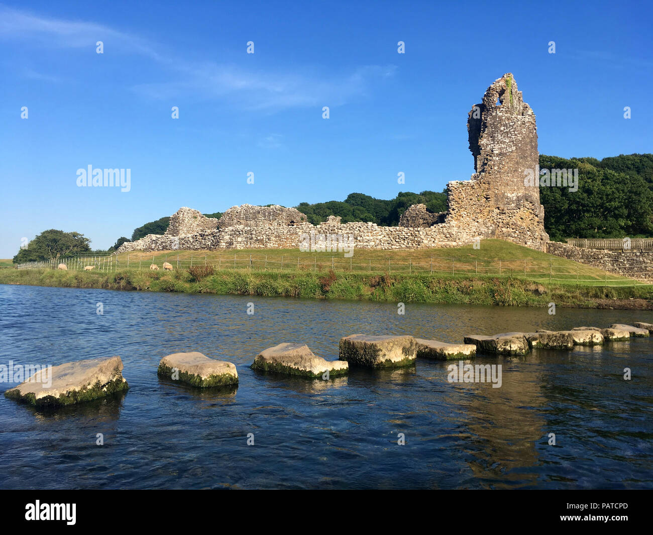 Château de Ogmore stepping stones. Banque D'Images