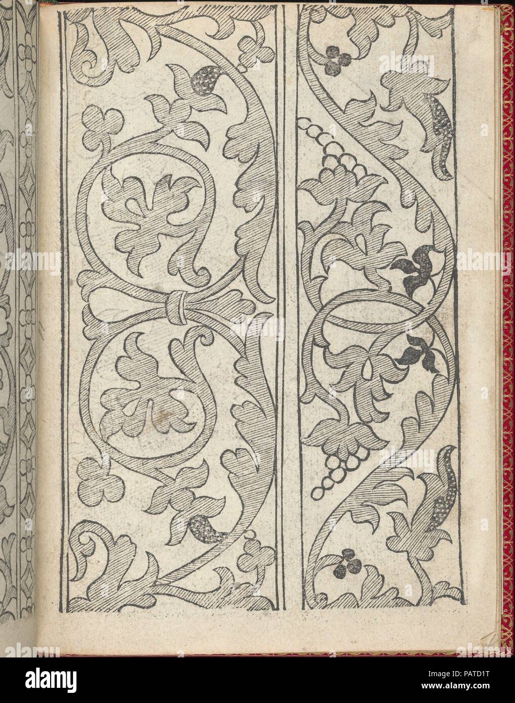 Il Monte. Opera Nova di Recami, page 6 (verso). Classeur : Chambolle-Duru (Français, 19ème siècle). Designer : Giovanni Antonio Bindoni. Dimensions : hors tout : 7 7/8 x 5 2/13 in. (20 x 14,5 cm). Editeur : Giovanni & Marchio Sessa (Italien, actif 1557) , Venise. Date : après 1557. Conçu par Giovanni Antonio Bindoni, publié par Giovanni & Marchio Sessa, Venise, lié par Chambolle-Duru, Français, 19e siècle. De haut en bas, et de gauche à droite : Design composé de 3 colonnes verticales. Colonne de gauche est orné d'un noir de la vigne avec des feuilles. Colonne du milieu est décoré d'un motif floral qui est r Banque D'Images
