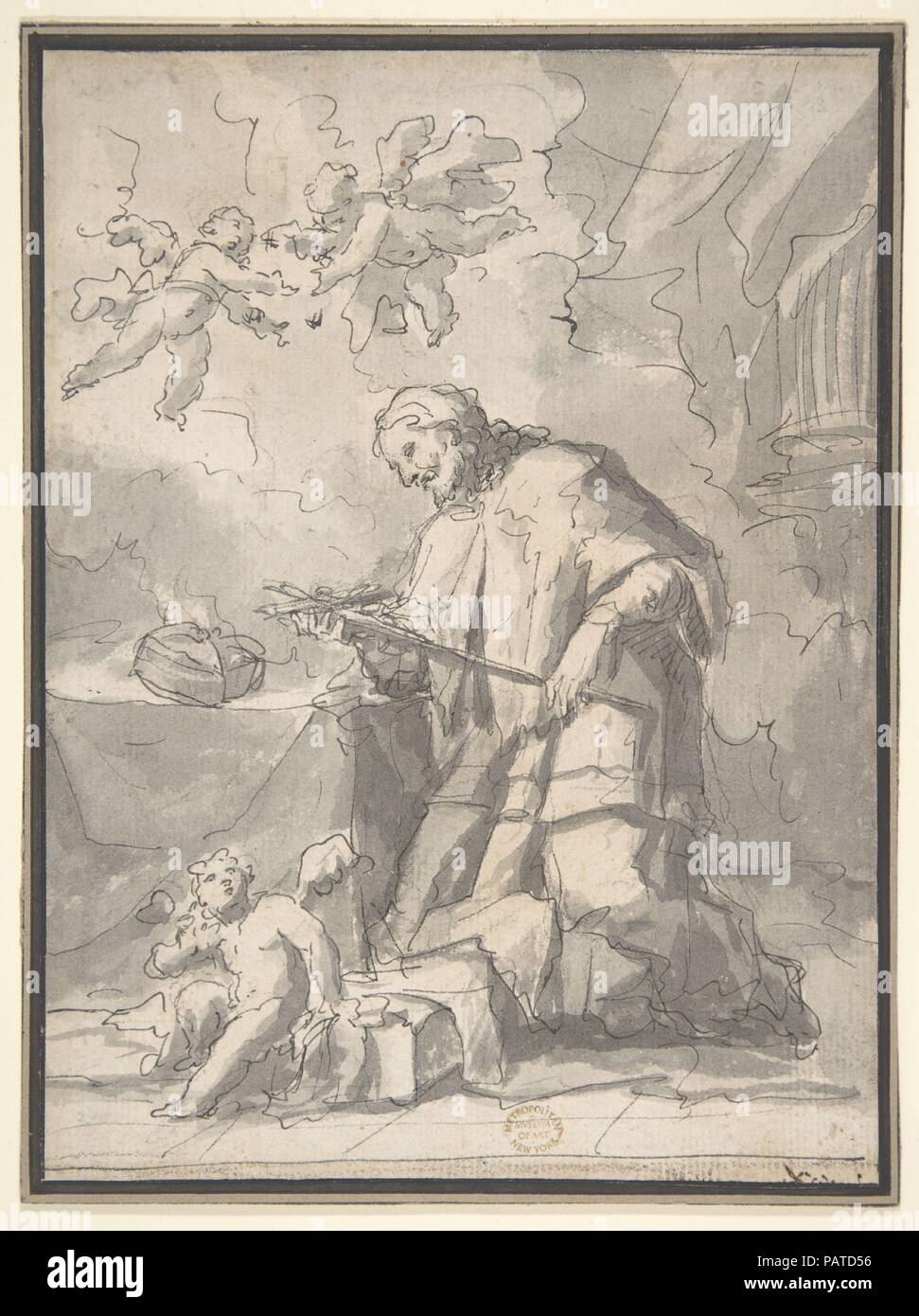 Saint Jean Nepomucen vénérant un crucifix. Artiste : Francesco Fontebasso (italien, 1689-1767) Venise Belluno. Dimensions : 8 5/8" x 6 15/16 in. (22,7 x 16,8cm). Date : 1689-1767. Musée : Metropolitan Museum of Art, New York, USA. Banque D'Images
