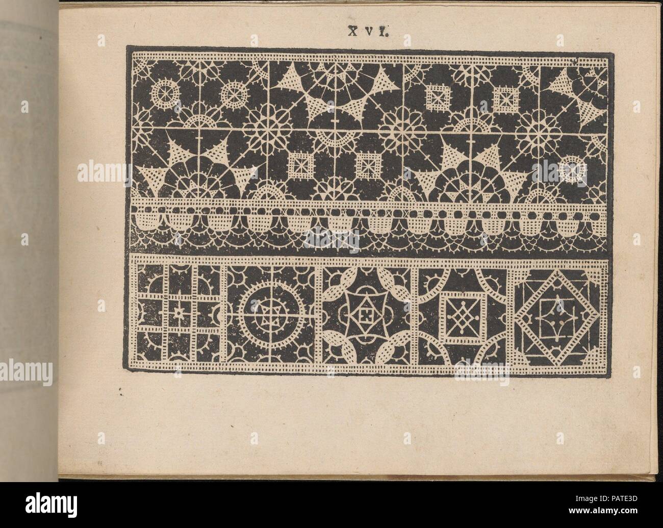 Prima Parte de' Fiori, e disegni di varie sorti di Ricami Moderni, page 16 (recto). Auteur : Giovanni Battista Ciotti (Italien, né Sienne, ca. 1560). Dimensions : hors tout : 5 x 5/16 7 5/16 in. (13,5 x 18,5 cm). Publié dans : Venise. Editeur : Francesco de' Franceschi (Italien, actif 16e siècle). Date : 1591. Écrit par Giovanni Battista Ciotti, publié par Francesco de' Franceschi, Italien, actif 16ème siècle. De haut en bas, et de gauche à droite : Design composé de 3 registres horizontaux. Registre supérieur est décoré avec 2 niveaux de carrés que sont ornés d'un motif floral. Midd Banque D'Images
