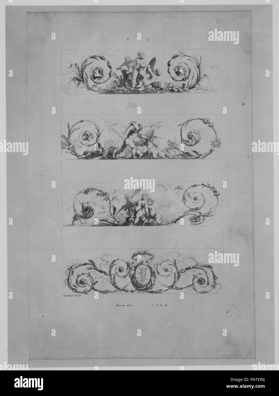 1e [-8e] Cahier d'Ornemens. Artiste et graveur : Henri Sallembier (français, Paris 1753-1820 Paris). Dimensions : hors tout : 21 1/4 x 14 15/16 x 1 3/8 in. (54 x 38 x 3,5 cm). Graveur : gravée par Jacques Juillet (Français, 1739-1784) cité en dernier. Publié dans : Paris. Editeur : Publié par le pere et Avaulet ; publié par la veuve Avaulez ; publié par Chereau (Français). Date : 1777-78. Musée : Metropolitan Museum of Art, New York, USA. Banque D'Images
