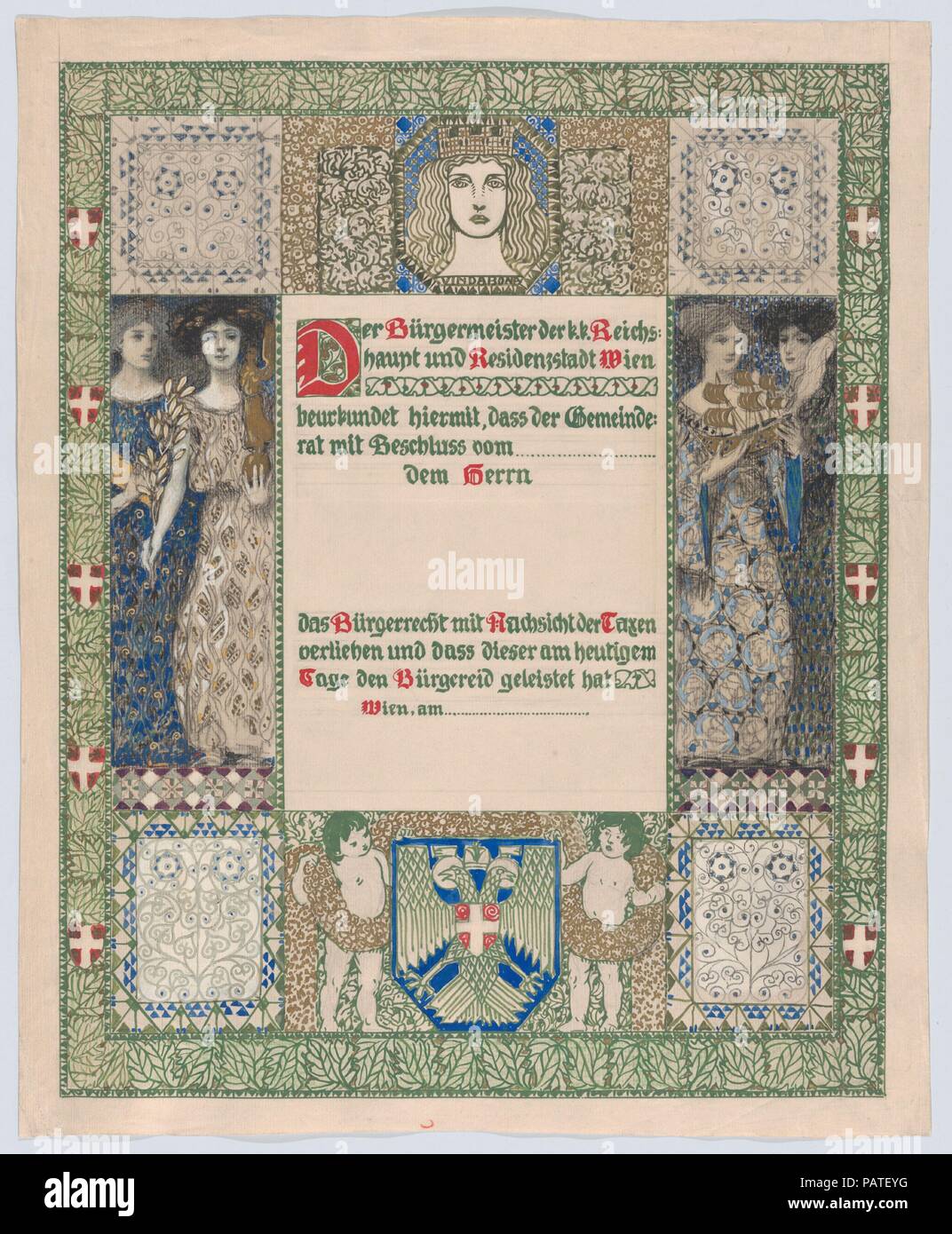 Conception d'un certificat de citoyenneté, décerné par la ville de Vienne. Artiste : Erwin Puchinger, Vienne (Autriche) Vienne 1875-1944. Fiche Technique : Dimensions : 24 1/2 x 18 1/2 in. (62,2 × 47 cm). Musée : Metropolitan Museum of Art, New York, USA. Banque D'Images