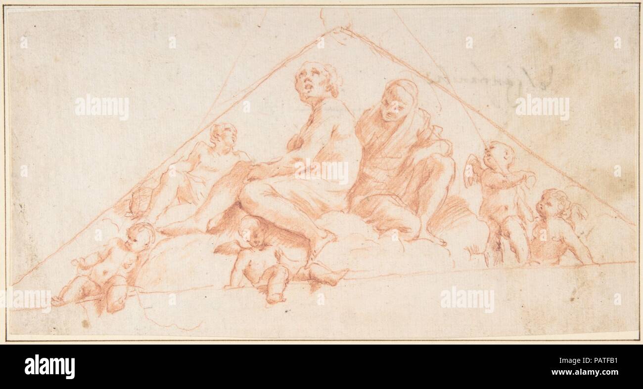 Apôtres assis et Putti. Artiste : Giovanni Lanfranco (italien, 1582-1647) Parme Rome. Dimensions : 5 5/8" x 9 3/16 in. (13.1 x 24.5cm). Date : 1637-38. L'une des grandes commissions en Lanfranco Naples ont été les fresques peintes en 1637-38 sur la nervure-voûte de la nef de l'église de la Certosa di San Martino. Dans les compartiments circulaires le long du centre de la voûte, Lanfranco Christ peint figurant dans une gloire d'anges, et dans le compartiments triangulaires au-dessus des fenêtres des groupes d'apôtres, prophètes, sibylles, et putti. Walter Vitzthum identifiés dans ce dessin d'un schéma pour l'un de ces tr Banque D'Images