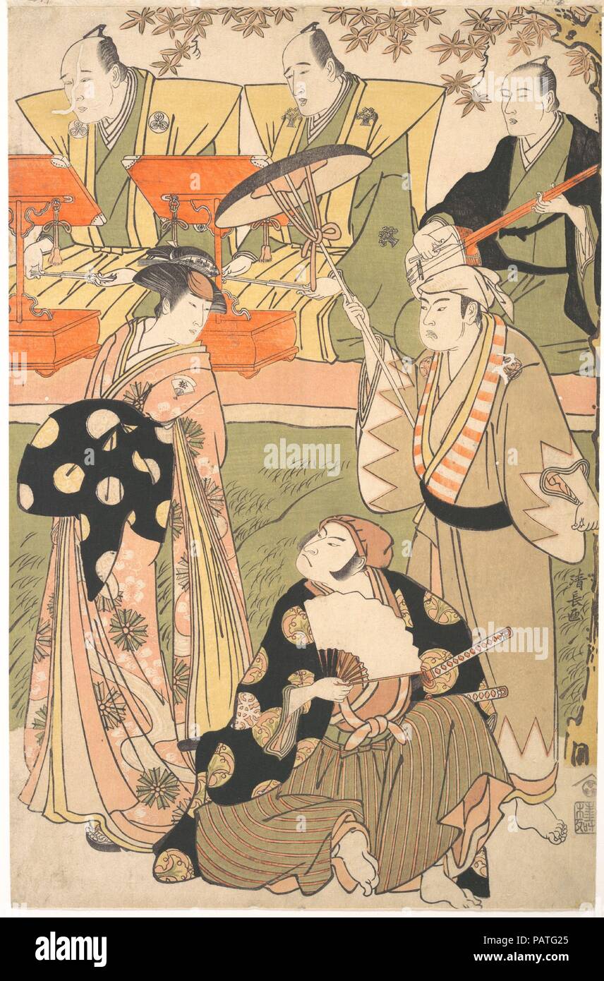 Scène de théâtre, avec des musiciens. Artiste : Torii Kiyonaga (japonais, 1752-1815). Culture : le Japon. Dimensions : 15 x 9 13/16 in. (38,1 x 24,9 cm). Musée : Metropolitan Museum of Art, New York, USA. Banque D'Images