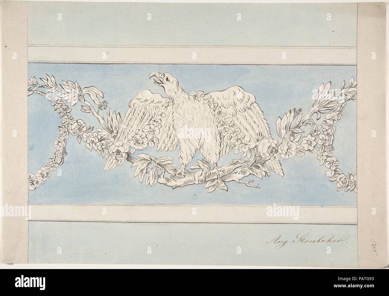 Ornement avec Eagle et guirlandes. Artiste : Strubeker allemand, août (actif 19e siècle) ?. Fiche technique : Dimensions : 9 5/8 x 13 5/16 in. (23,7 x 34,6 cm). Date : 1833. Musée : Metropolitan Museum of Art, New York, USA. Banque D'Images