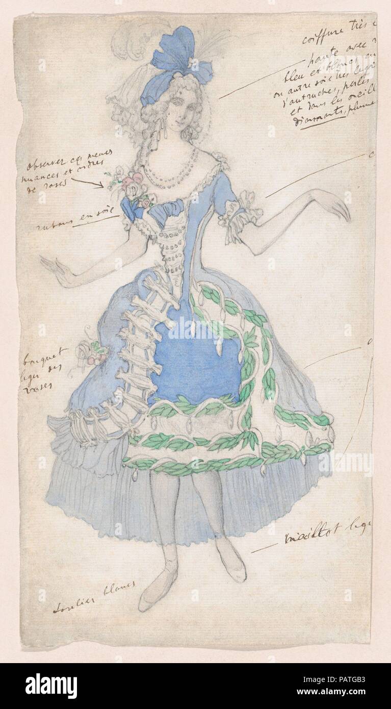 La conception de costumes pour une femme courtisan, susceptibles pour le ballet "La Belle au Bois Dormant (Sleeping Beauty), créée au Théâtre de l'Alhambra de Londres, 1921. Artiste : Léon Bakst (Fédération, Grodno 1866-1924 Paris). Fiche Technique : Dimensions : 11 × 1/2 6 1/2 in. (29,2 × 16,5 cm). Date : ca. 1921. Dessin avec un costume pour un courtisan femelle, probablement pour le ballet "La Belle au Bois Dormant" (Sleeping Princess), créée au Théâtre de l'Alhambra à Londres en 1921. Le design a été créé par Léon Bakst dans la dernière partie de sa carrière, bien que gravement malade, quelques années seulement avant sa mort. C'était le l Banque D'Images