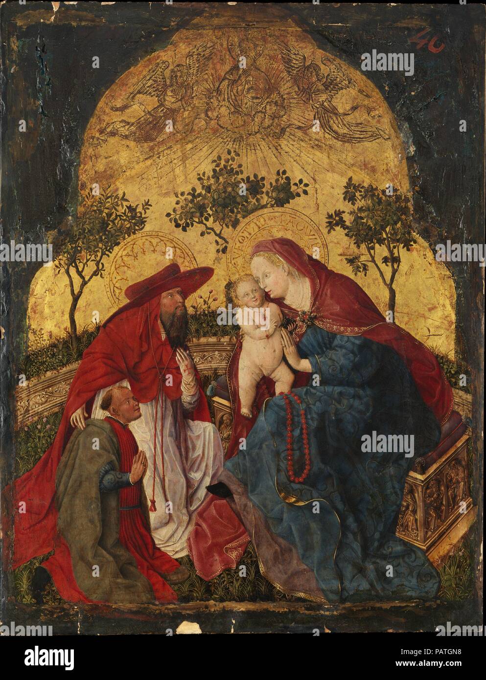 Vierge à l'enfant avec un donateur présenté par saint Jérôme. Artiste : Maître des bavarois de Munich (Bavière, panneaux, Munich probablement actif milieu du 15ème siècle) ; avec des ajouts par un peintre inconnu, italienne ( ?), active 1460s-1470N. s( ?). Culture : Bavaria, Munich probablement. Dimensions : 25 x 19 in. (63,5 x 48,3 cm). Date : ca. 1450. Musée : Metropolitan Museum of Art, New York, USA. Banque D'Images