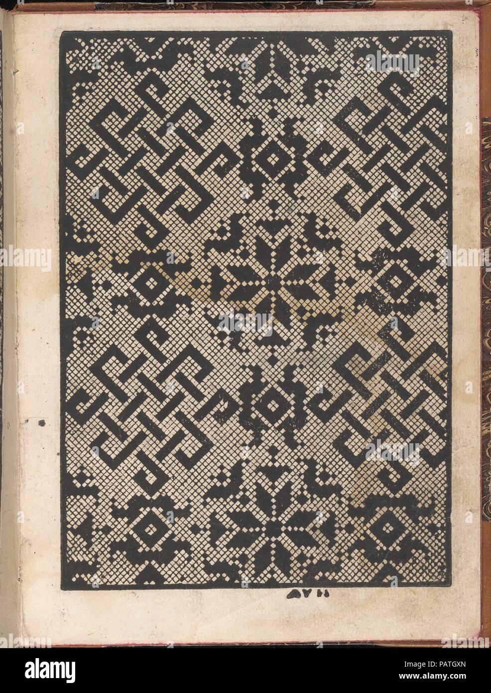 Spechio di pensieri delle belle et Virtudiose donne, page 6 (recto). Dimensions : hors tout : 8 1/16 x 5 7/8 in. (20,5 x 15 cm). Editeur : Matteo Pagano (italien, 1515-1588) , Venise. Date : 1546. Publié par Matteo Pagano, italien, 1515-1588, Venise. De haut en bas, et de gauche à droite : le design est décoré de motif de flocons et de motifs entrelacés, et qui sont séparés par un motif de feuilles et de diamants. Musée : Metropolitan Museum of Art, New York, USA. Banque D'Images