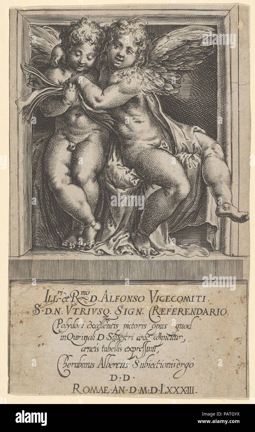 Deux anges assis, les bras l'un autour de l'autre, l'autre sur la gauche en regardant un morceau d'adresses, de l'Angels' Concert. Artiste : Cherubino Alberti (Zaccaria Mattia) (Italien, Borgo Sansepolcro 1553-1615 Rome) ; Après Polidoro da Caravaggio (Italien, Caravage ca. 1499-ca. 1543 Messine). Fiche Technique : Dimensions : 7 1/2 x 4 5/16 in. (18,5 × 11,5 cm). Series/portefeuille : le concert des anges. Date : 1583. Musée : Metropolitan Museum of Art, New York, USA. Banque D'Images