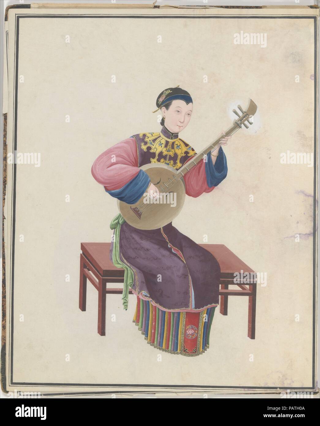 Aquarelle de musicien jouant ruan( ?). Culture : le chinois. Dimensions : hors tout : 43.2 x 35.6 x 1.3cm (17 x 14 x 1/2 in.). Date : fin du 18e siècle. Musée : Metropolitan Museum of Art, New York, USA. Banque D'Images