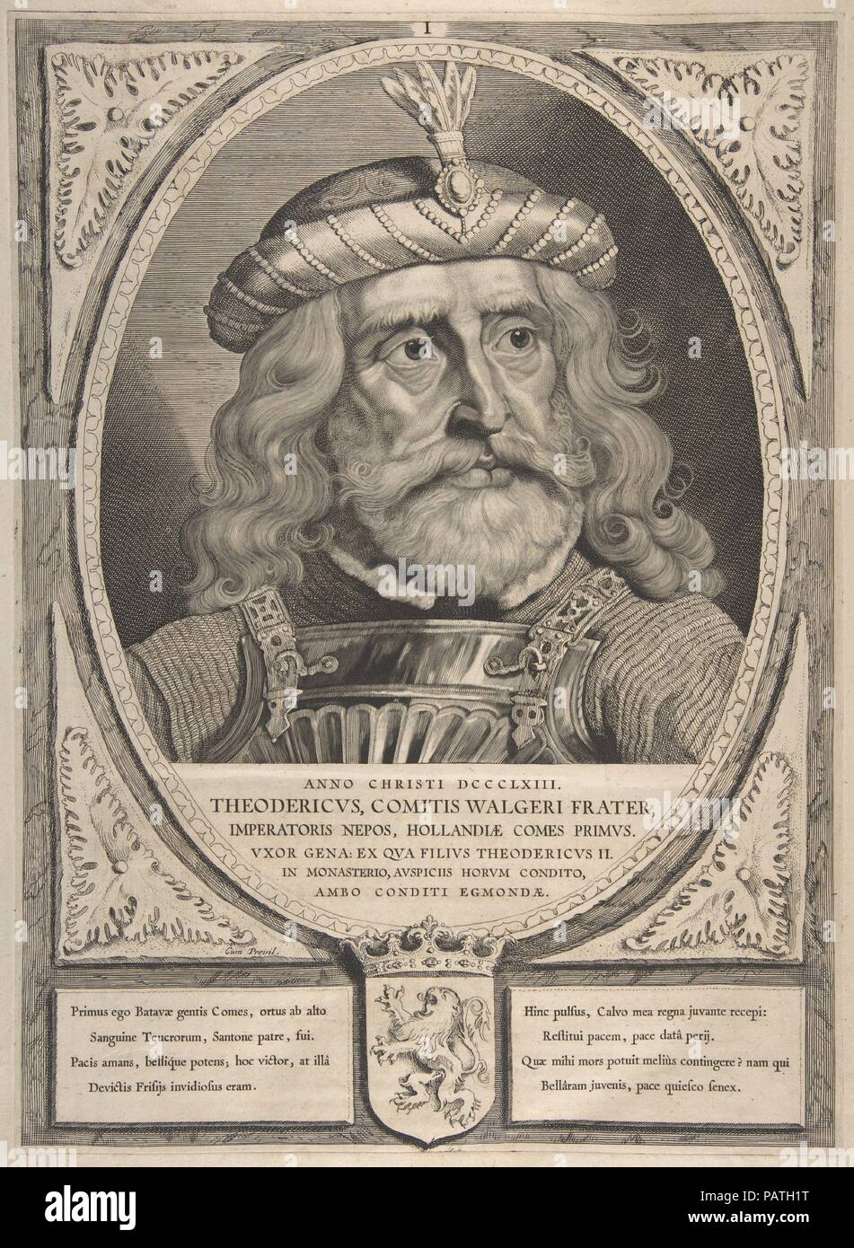 Théodoric. Artiste et éditeur : Pieter Soutman (Néerlandais, ca. 1580-1657). Auteur : Écrit par Petrus Scriverius. Fiche technique : Dimensions : 20 1/2 x 15 1/8 in. (52,1 x 38,4 cm) plaque : 15 x 11 5/8 à 13/16. (40,2 x 29,6 cm). Graveur : gravure de Cornelis Visscher (Néerlandais, Haarlem ( ?) 1629-1658 Amsterdam). Series/portefeuille : Comtes et comtesses de la Hollande, la Zélande, et West-Frisius. Date : 1650. Musée : Metropolitan Museum of Art, New York, USA. Banque D'Images